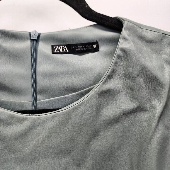 Zara Faux Leather‎ Ruched Puff Sleeve Dress Sold Out Seafoam Green Large - Picture 8 of 16